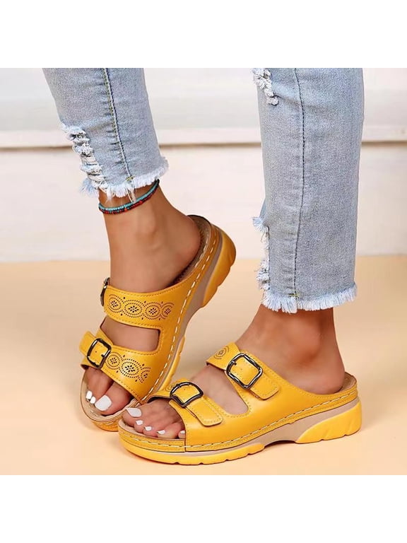Beach Sandals Slipper Woman Sandal Wedges Women'S Leisure Vacation Comfortable Belt Buckle Wedge Beach Sandals Womens Slippers