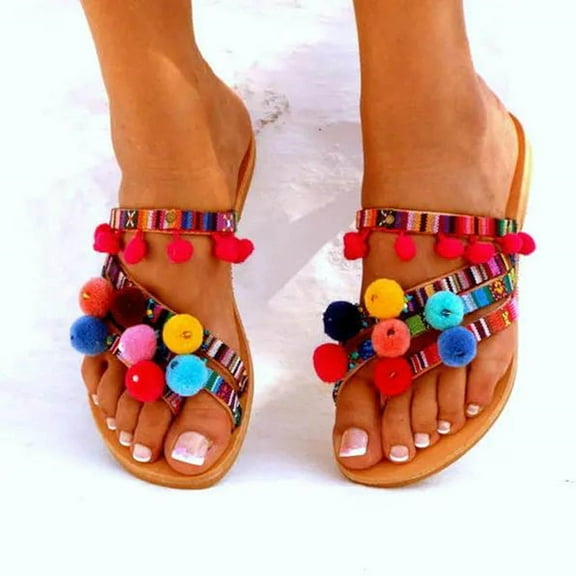 Kayannuo Beach Sandals Slipper Woman Sandal Wedges Summer New Style Plush Ball Foreign Trade Large Size Bohemian Slippers Womens Slippers
