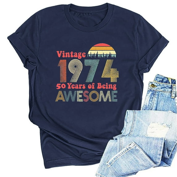 Kayannuo Blouses for Women Tee Shirts for Women Valentine's Day 1974 Vintage Shirt For Women 50th Birthday Gifts 1974 Birthday Gifts Idea Retro Short Sleevel T Shirts Party Tops Funny Tees