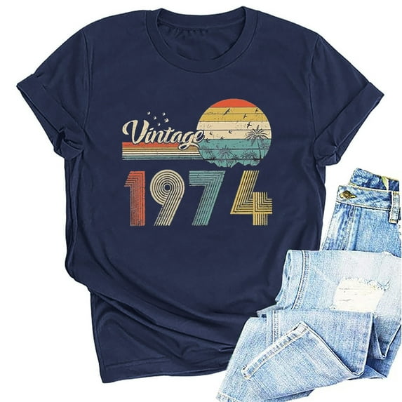 Kayannuo Blouses for Women Tee Shirts for Women Valentine's Day 1974 Vintage Shirt For Women 50th Birthday Gifts 1974 Birthday Gifts Idea Retro Short Sleevel T Shirts Party Tops Funny Tees