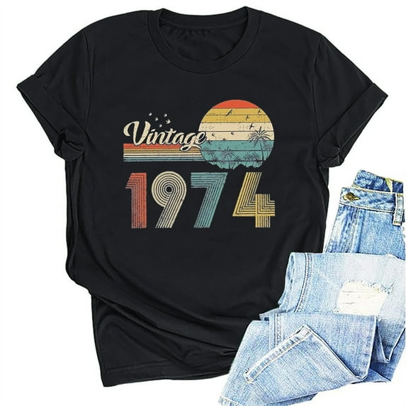 Kayannuo Blouses for Women Tee Shirts for Women Valentine's Day 1974 Vintage Shirt For Women 50th Birthday Gifts 1974 Birthday Gifts Idea Retro Short Sleevel T Shirts Party Tops Funny Tees