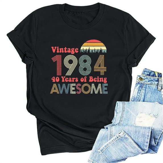 Kayannuo Blouses for Women Tee Shirts for Women Valentine's Day 1984 Vintage Shirt For Women 40th Birthday Gifts 1984 Birthday Gifts Idea Retro Short Sleevel T Shirts Party Tops Funny Tees
