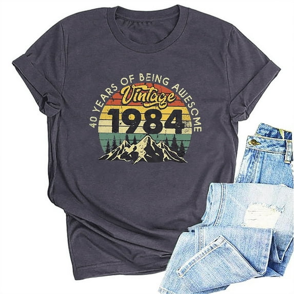 Kayannuo Blouses for Women Tee Shirts for Women Valentine's Day 1984 Vintage Shirt For Women 40th Birthday Gifts 1984 Birthday Gifts Idea Retro Short Sleevel T Shirts Party Tops Funny Tees