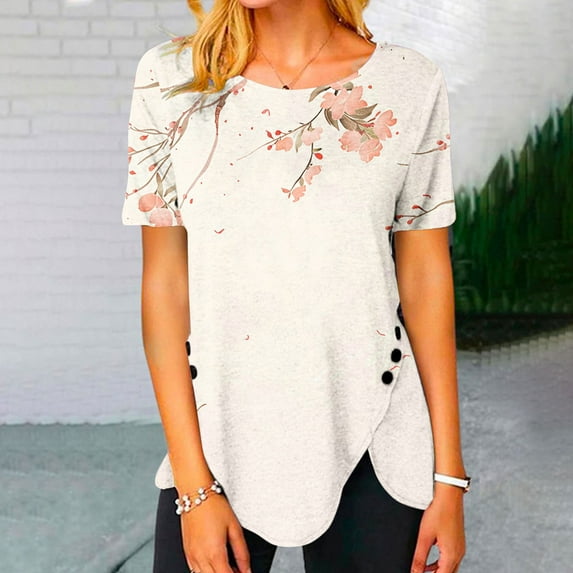 Kayannuo Blouses for Women Tee Shirts for Women Valentine's Day Women's Fashion Printed Loose T-shirt Buttons Short Sleeves Blouse Round-Neck Casual Tops