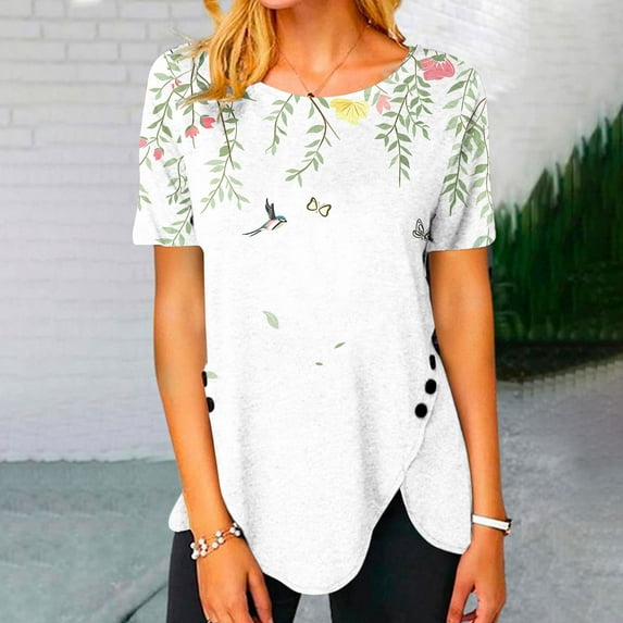 Kayannuo Blouses for Women Tee Shirts for Women Valentine's Day Women's Fashion Printed Loose T-shirt Buttons Short Sleeves Blouse Round-Neck Casual Tops