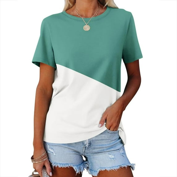 Kayannuo Blouses for Women Tee Shirts for Women Women's Summer Color Matching Round Neck Short Sleeved Top Short Sleeved Round Neck Top/shirt