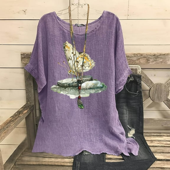 Kayannuo Blouses for Women Dressy Casual Women's Fashion Print Tees Casual Crew Neck Raglan Short Sleeve Loose T Shirt Linen Tops Blouses Purple S