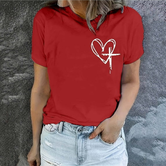 Kayannuo Blouses for Women Tee Shirts for Women Valentine's Day Women's Easter Lettering Printed Round Neck Short Sleeved Top Short Sleeved Round Neck Top/shirt