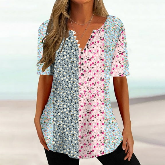 Kayannuo Blouses for Women Tee Shirts for Women Valentine's Day Women's Fashion V-neck Print Casual Loose Short Sleeve Top Short Sleeve V-neck Top/Shirt
