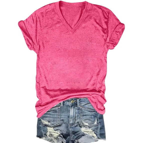 Kayannuo Blouses for Women Business Casual Women's Solid Color V-neck Bottom Lining Outer Short Sleeved Top Hot Pink L