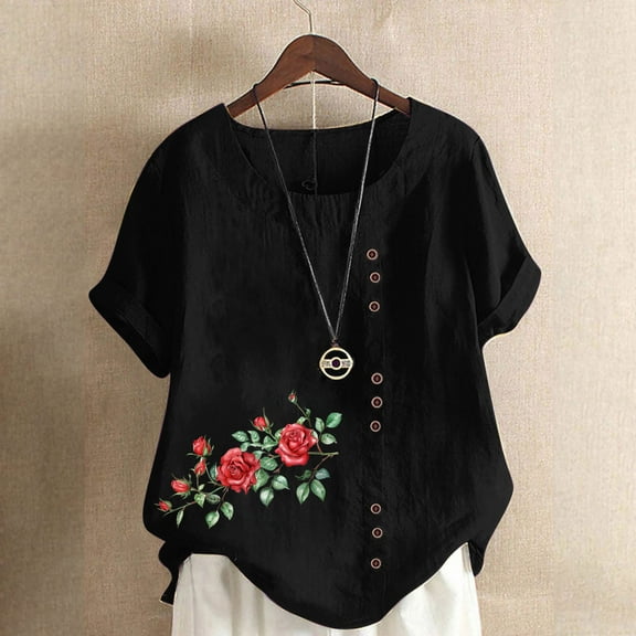Kayannuo Blouses for Women Casual Women Casual And Linen Round-Neck Tops Printed Short Sleeve Button T-shirt Blouse Black XXXL