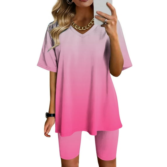 Kayannuo Blouses for Women Tee Shirts for Women Valentine's Day Women Fashion V-Neck Blouse Short Sleeve Tops Shorts Casual Suit Sets
