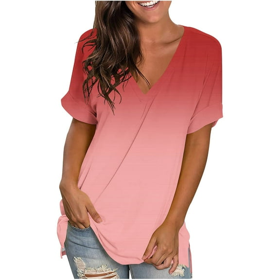 Kayannuo Blouses for Women Tee Shirts for Women Women's Fashion Casual Gradient V-neck Short Sleeve Loose T-shirt Tops