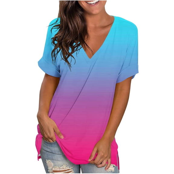 Kayannuo Blouses for Women Tee Shirts for Women Women's Fashion Casual Gradient V-neck Short Sleeve Loose T-shirt Tops