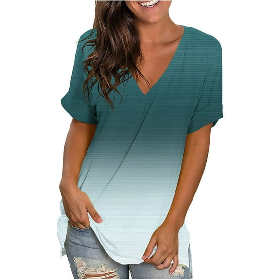Kayannuo Blouses for Women Tee Shirts for Women Women's Fashion Casual Gradient V-neck Short Sleeve Loose T-shirt Tops