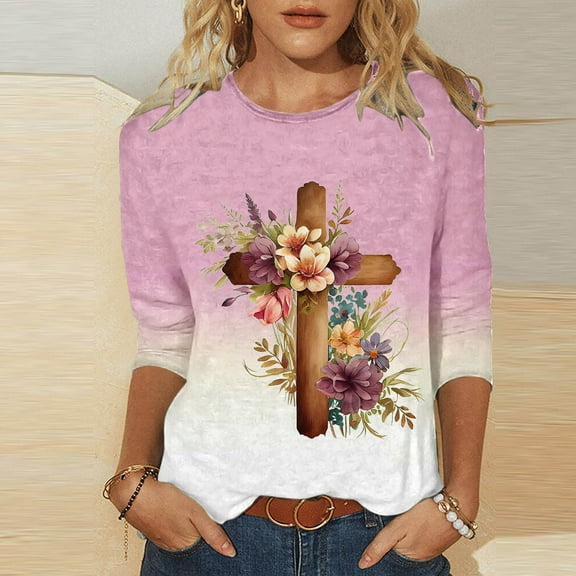 Kayannuo Blouses for Women Tee Shirts for Women Women's Printed Round Neck Easter Printed 3/4 Sleeve T-shirt Round Neck Pullover Top