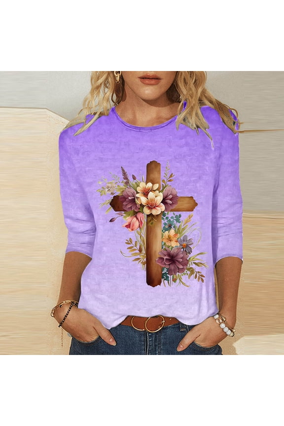 Blouses for Women Tee Shirts for Women Women's Printed Round Neck Easter Printed 3/4 Sleeve T-shirt Round Neck Pullover Top