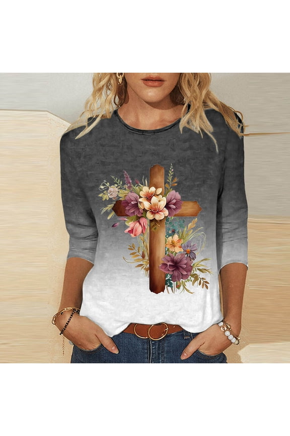 Blouses for Women Tee Shirts for Women Women's Printed Round Neck Easter Printed 3/4 Sleeve T-shirt Round Neck Pullover Top