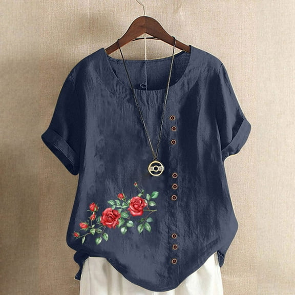 Kayannuo Blouses for Women Women Casual And Linen Round-Neck Tops Printed Short Sleeve Button T-shirt Blouse Navy XXXL