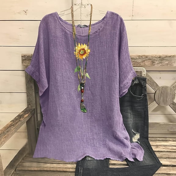 Kayannuo Blouses for Women Women's Fashion Print Tees Casual Crew Neck Raglan Short Sleeve Loose T Shirt Linen Tops Blouses Purple L