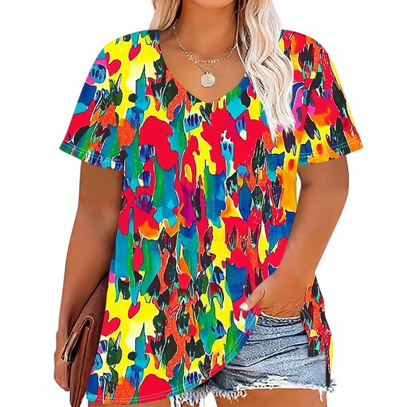 Kayannuo Blouses for Women Women's Plus Size V-neck Printing Short Sleeve Solid Color Summer Base T-shirt Multicolor XXXL