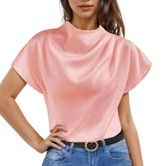 Kayannuo Blouses for Women Women's Round Neck Short Sleeved Left Shoulder Pleated Satin Women's Tops Short Sleeved Round Neck Top Pink M