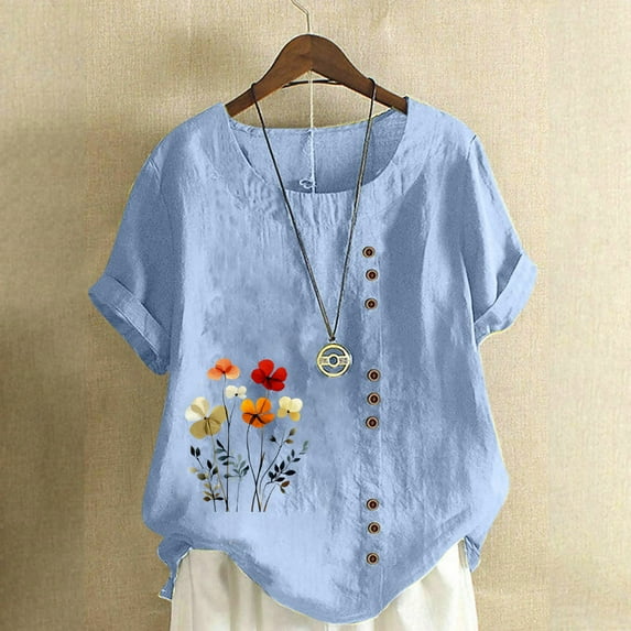 Kayannuo Blouses for Women Dressy Casual Women Casual And Linen Tops Printed Short Sleeve Button T-shirt Blouse Light Blue XXXXL
