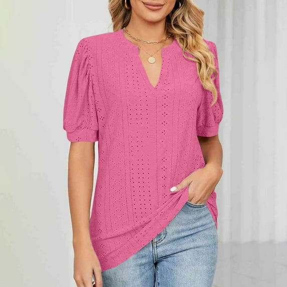 Kayannuo Blouses for Women Plus Size Fashion Women's Casual Short Sleeve Solid Ladies V- Neck Blouse Hot Pink L