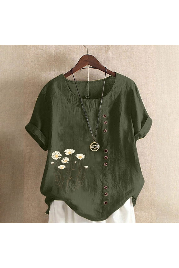 Blouses for Women Plus Size Women Casual And Linen Tops Printed Short Sleeve Button T-shirt Blouse Army Green L