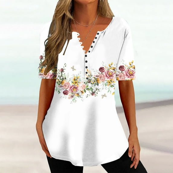 Kayannuo Blouses for Women Tee Shirts for Women Valentine's Day Women's Fashion V-neck Print Casual Loose Short Sleeve Short Sleeve V-neck Top/Shirt