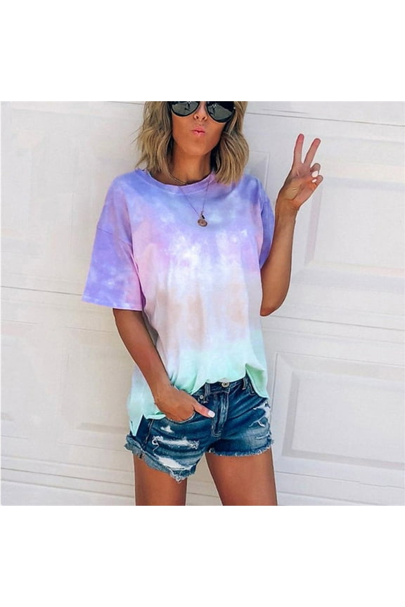 Blouses for Women Tee Shirts for Women Valentine's Day Women's Summer Tie-Dye Short Sleeve Crew-Neck T-Shirt Casual Tee Tops锛圫-5XL锛?ACTIVE