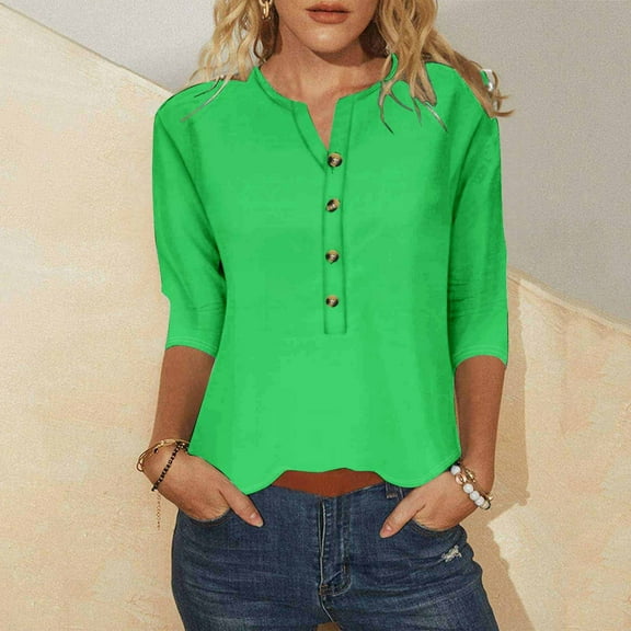Kayannuo Blouses for Women Tee Shirts for Women Women's Printed Button 3/4 Sleeve T-shirt Loose Top