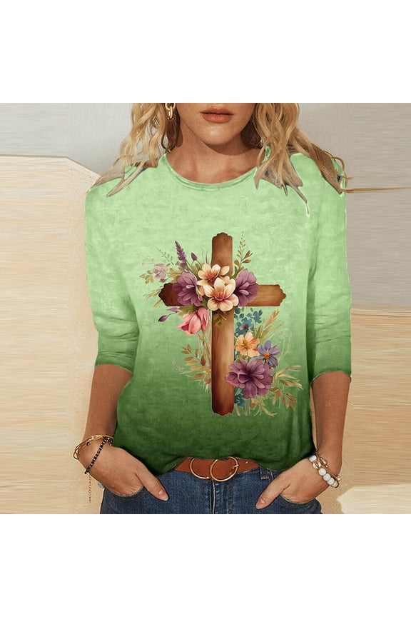 Blouses for Women Tee Shirts for Women Women's Printed Round Neck Easter Printed 3/4 Sleeve T-shirt Round Neck Pullover Top