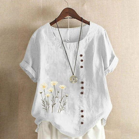 Kayannuo Blouses for Women Women Casual And Linen Tops Printed Short Sleeve Button T-shirt Blouse White M