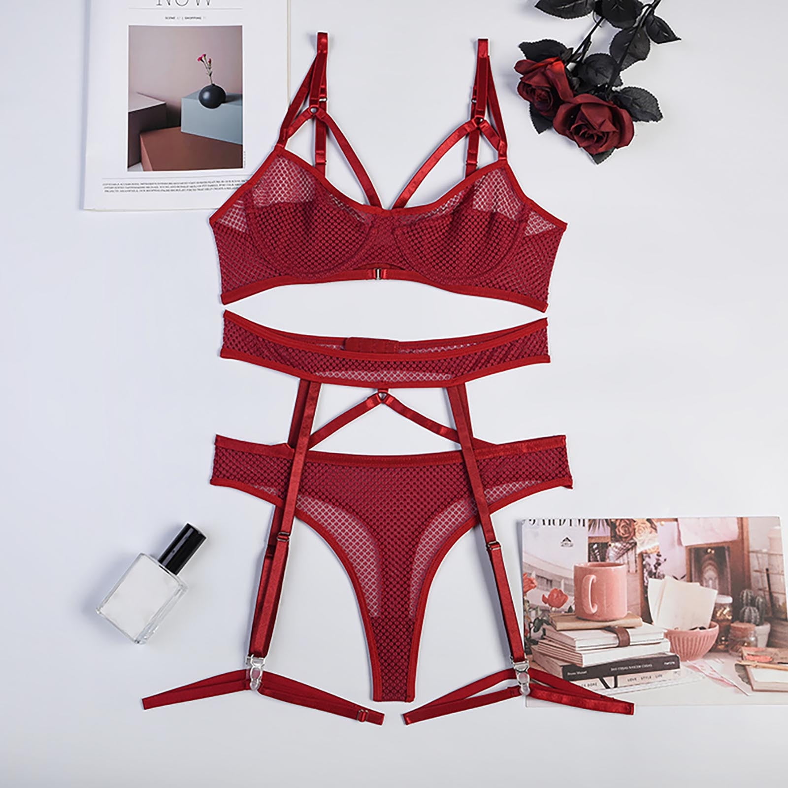 Kayannuo Bras For Women Christmas Clearance Women's Erotic Lingerie 4-Piece  Set Of Splicing Hollow Out Sexy Set 