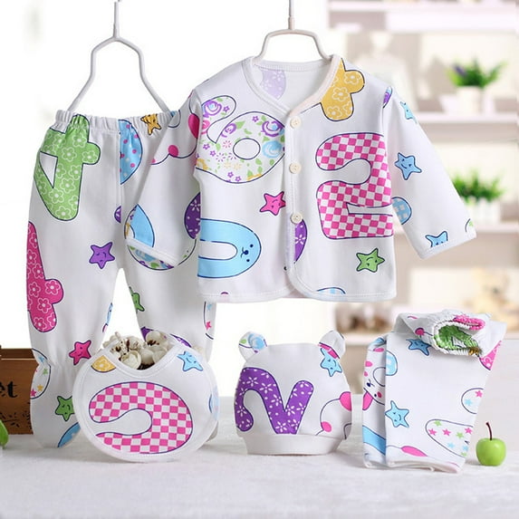 Kayannuo Christmas 5PCS Newborn Baby Boy Girl Cartoon Long Sleeve Tops+Hat+Pants +Bib Outfit Set Christmas Gifts