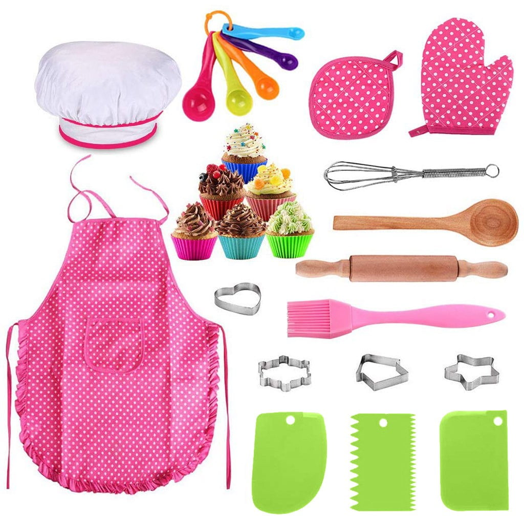 JaxoJoy Kids Cooking And Baking Set - Complete Kids Cooking Set Includes Kids Chef Hat And Apron Mitt Utensils Chef Costume For Kids Dress Up Clothes For Little Girls 3 Year Old Girls 