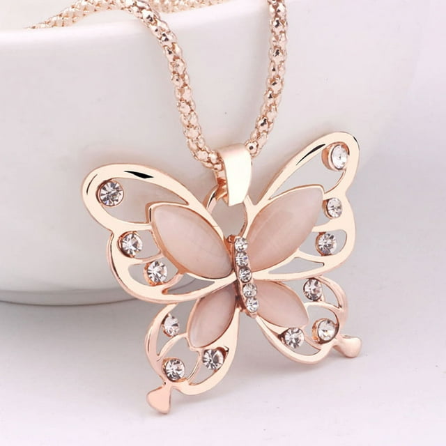 Kayannuo Christmas Clearance Fashion Women Rose Gold Opal Butterfly Charm Pendant Long Chain Necklace Jewelry