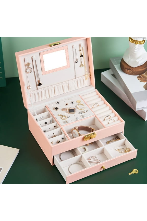 Christmas Jewelry Box With Lock And Mirror Jewelry Organizer Storage Case With 2-Layers Display For Earrings Bracelets Rings Watches
