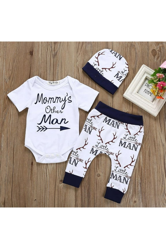 Christmas Newborn Kids Baby Boy Outfits Clothes Letter Print Romper Jumpsuit+Pants+Hat Set Christmas Gifts