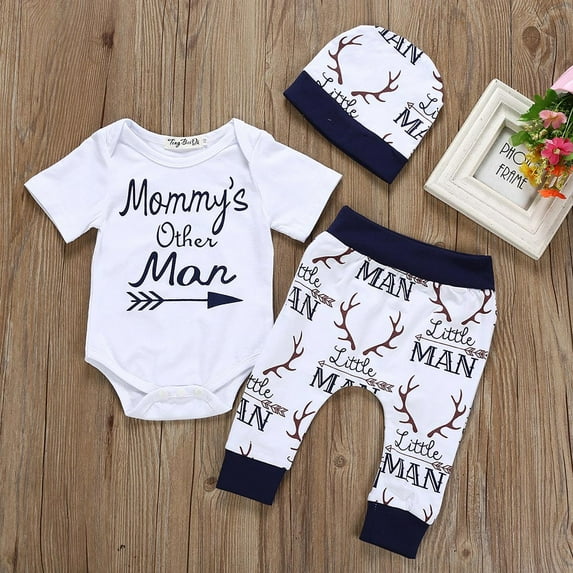 Kayannuo Christmas Newborn Kids Baby Boy Outfits Clothes Letter Print Romper Jumpsuit+Pants+Hat Set Christmas Gifts