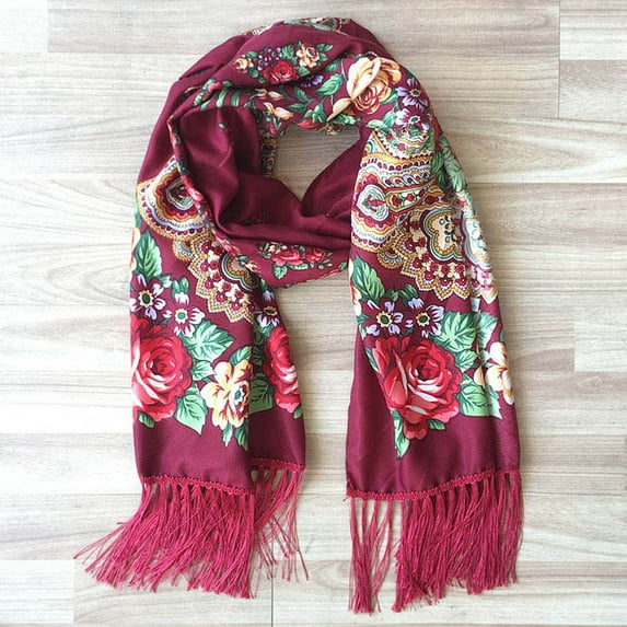 Kayannuo Christmas Russian Babushka Women's Scarf Shawl Wrap Traditional Retro Ukraine Style Printed Tassels Long Scarfs Christmas Gifts