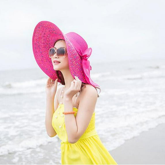 Kayannuo Christmas Women Colorful Big Brim Straw Bow Hat Sun Floppy Wide Brim Hats Beach Cap Christmas Gifts
