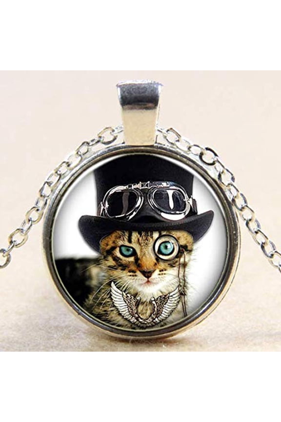 Fashion Retro Punk Glass Round Black Cool Cat Necklace Ladies Jewelry