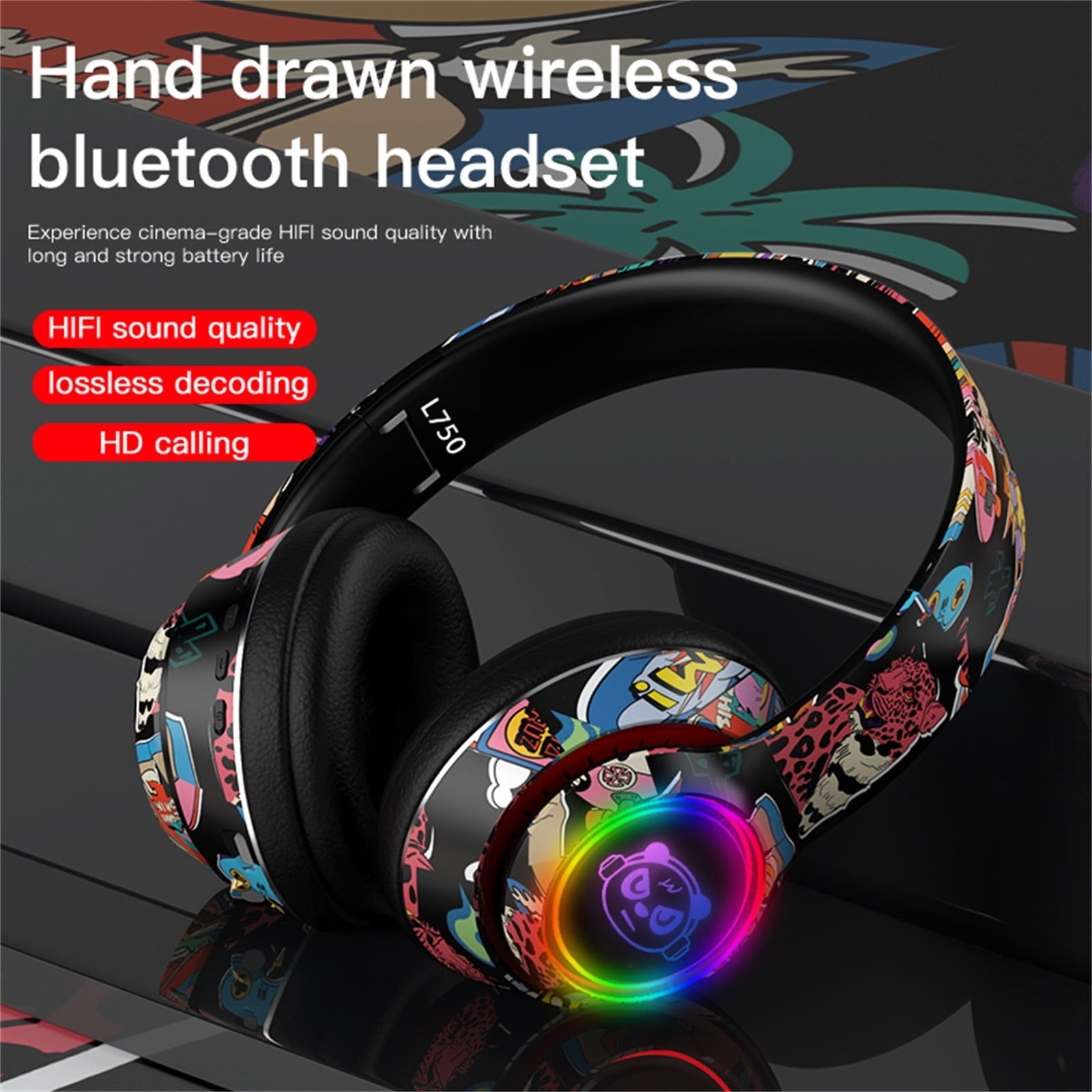 Kayannuo Clearance Wireless Bluetooth Cool Graffiti LED Illuminated Gaming Headset for Kids Teens Adults, Headphones with Built-In Microphone