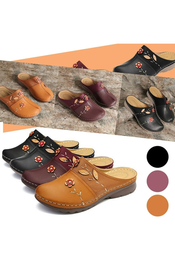 Clogs Shoes for Women, Summer Leather Slippers Comfort Work Clogs Slip on Loafers Wide Fit Mules Antil Slip Beach Shoes Flowers Wedge Sandals