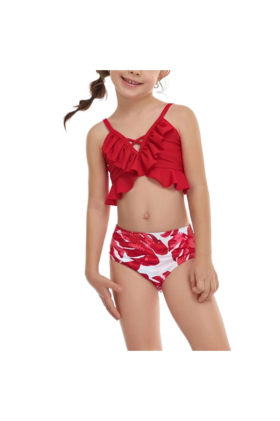 Cute Bikinis for Girls Girls Swimsuits Girls Casual Cute Print Double Ruffle Split Swimsuit Beach Two-Piece Set (4-12Years Red)