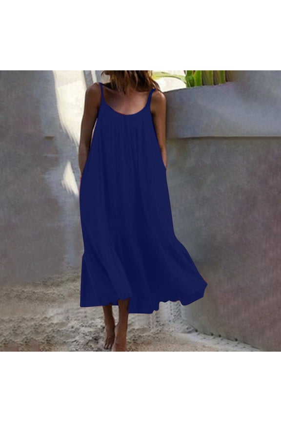 Dress Women Squard-Neck Sleeveless Solid Long Dresses for Women Women's Summer Maxi Dress Casual Boho Sleeveless Spaghetti Strap Smocked Tiered Long Beach Sun Dresses