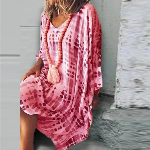 Kayannuo Dresses For Women 2023 Back to School Sun Dresses Women Summer Casual Womens Summer Dress Vintage Loose V-Neck Print Short Sleeve Mid-Calf Dresses Red