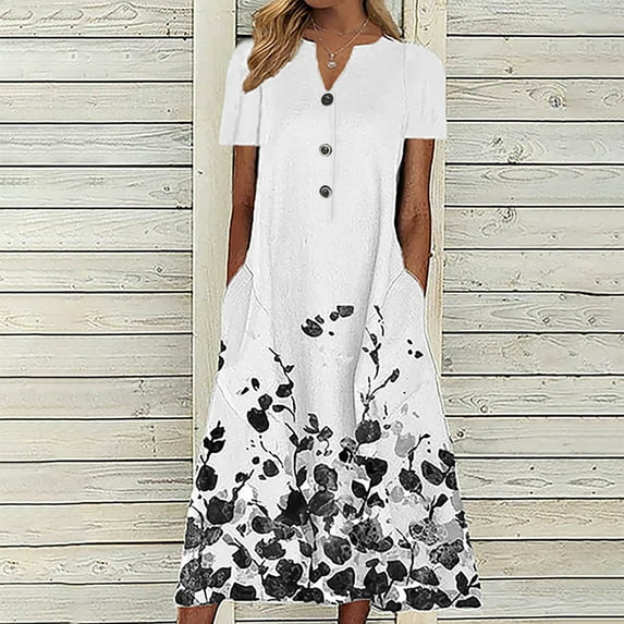 Kayannuo Dresses For Women 2023 Christmas Clearance Sun Dresses Women Summer Casual Fashion Women Summer Printing Causal V-Neck Button Short Sleeve Vacation Pockets Dress Gray
